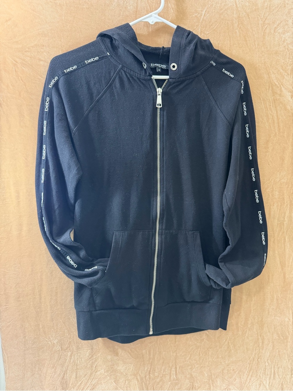 bebe Black Full-Zip Hooded sweater with Logo Tape